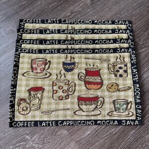 Coffee Latte Mocha Java Cappuccino Mugs Knit Tapestry Place Mats Table Set of 4